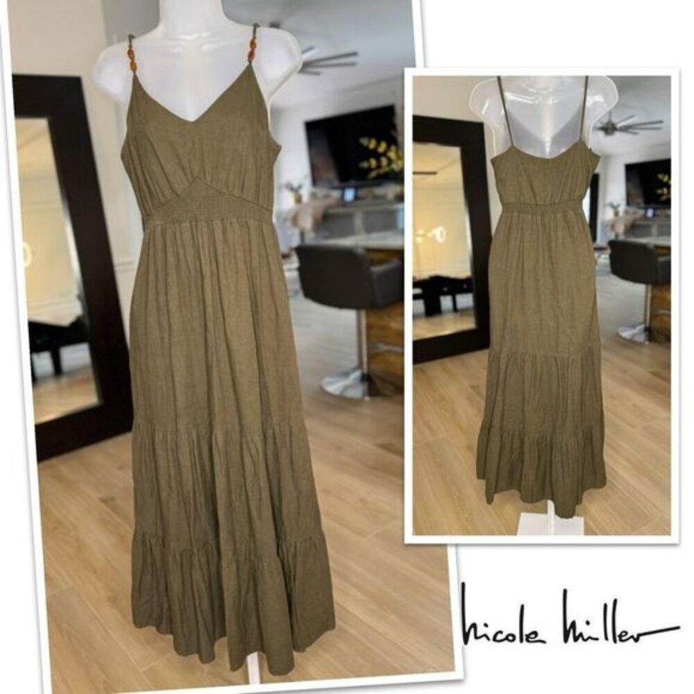Nicole Miller Olive Green Tier Linen Maxi Dress. Size Extra Small